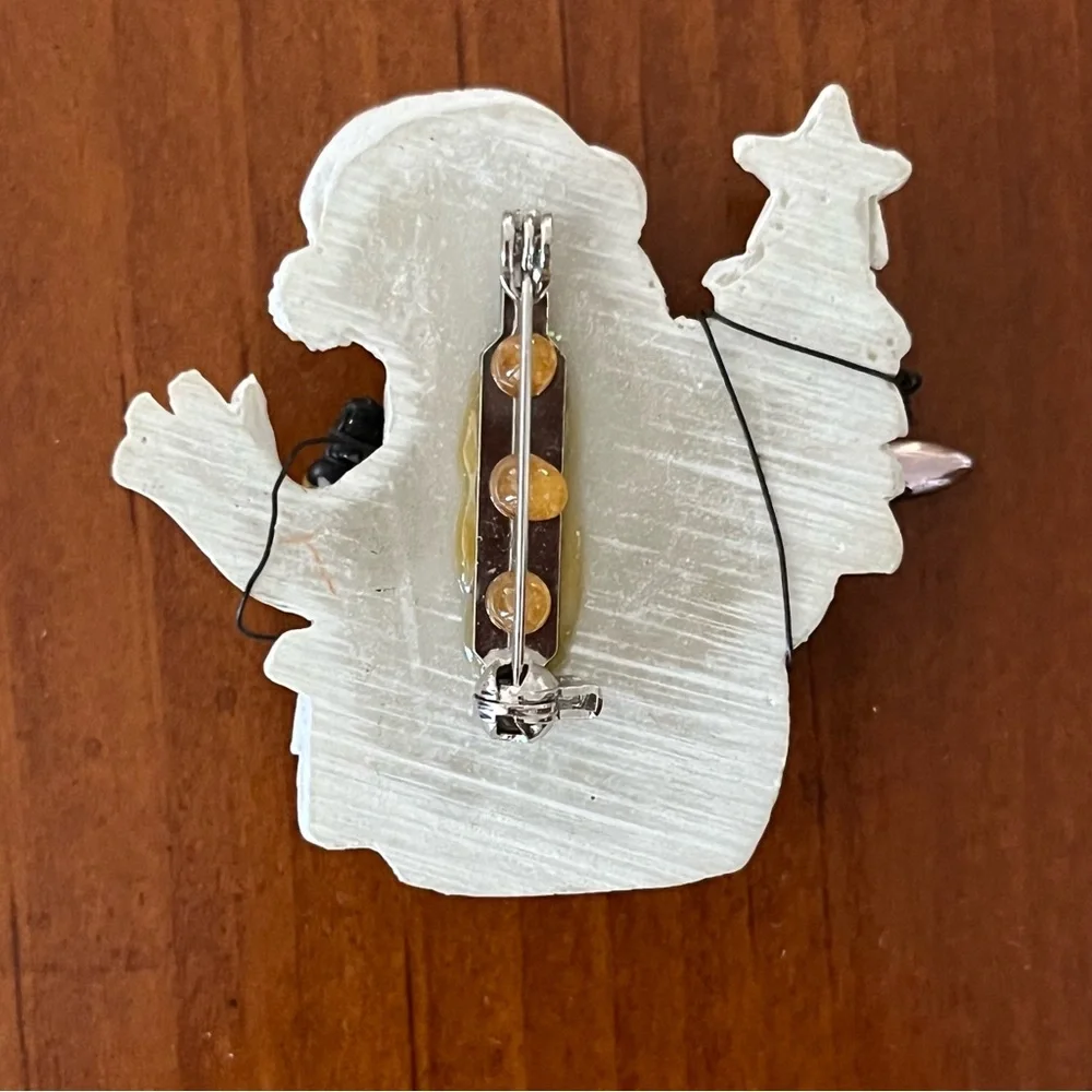 Snowman Pin Christmas Brooch White Resin Colored Lights & Tree Silver Vintage